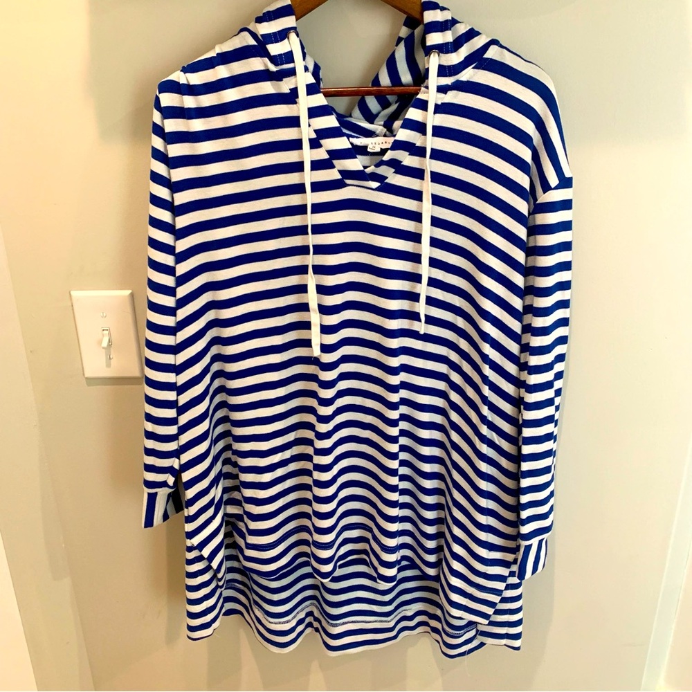 Jane + Delancey Striped Coastal Blue & White Hooded Tunic Shirt 2X VGUC